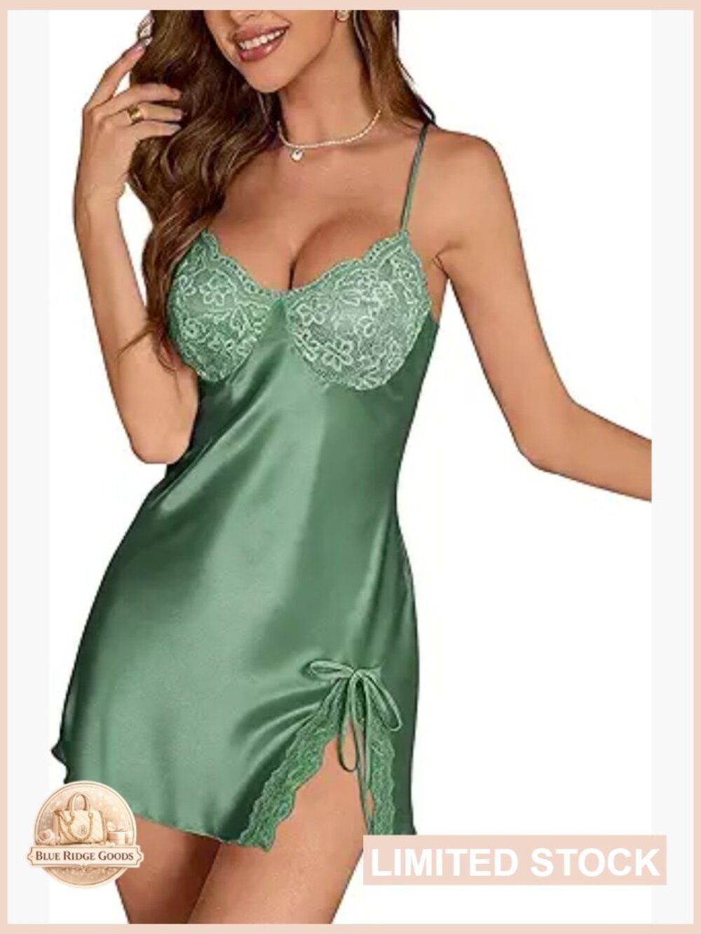 Satin Lace Babydoll Nightgown V Neck Silk Slip Dress with Side Split Adjustable
